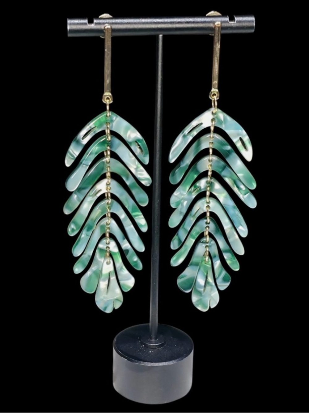 Gold-tone & Green Acrylic Resin Fringe Leaf Dangle Drop Statement Earrings